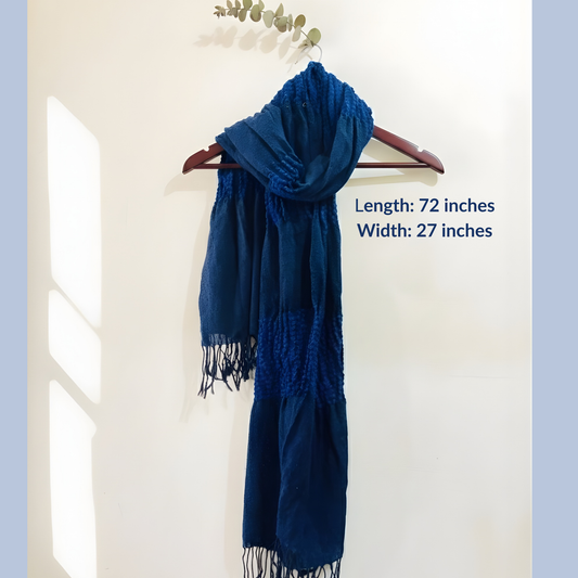 Close-up of the textured deep blue scarf fabric