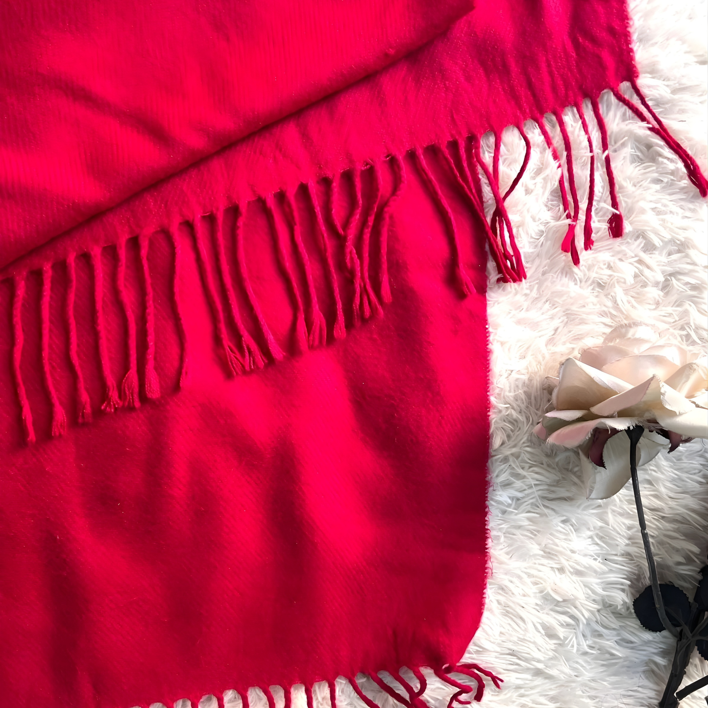 Premium red shawl fabric with elegant drape and tassels