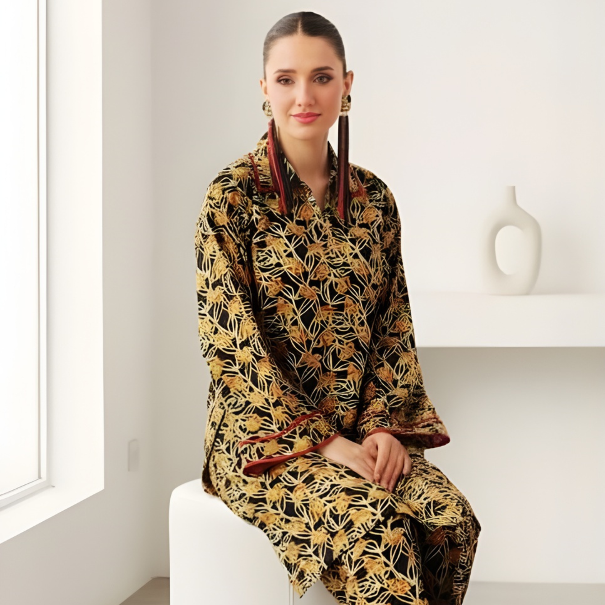 Elegant black and mustard printed outfit by SEIN ATTIRE made from soft Swiss fabric with printed shirt, trouser, and handbag.