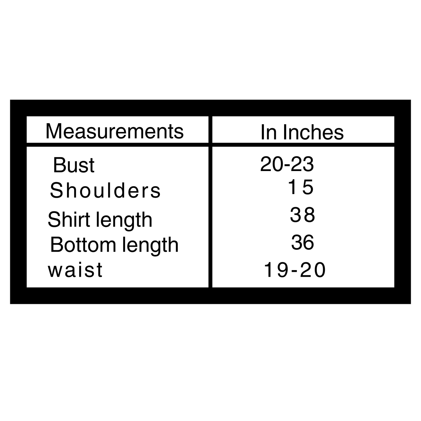 Size chart for SEIN ATTIRE black and white printed Swiss ready-to-wear set showing bust, shoulders, shirt length, bottom length, and waist measurements in inches.