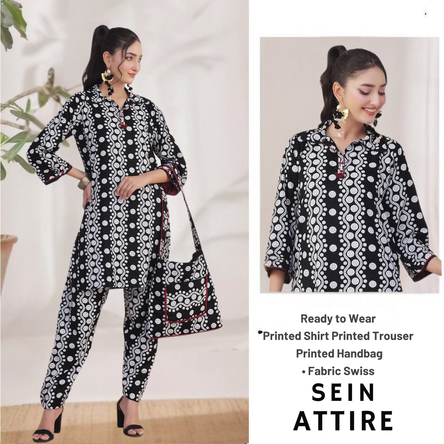 Black and white printed Swiss fabric ready-to-wear set with matching shirt, trouser, and handbag by SEIN ATTIRE.