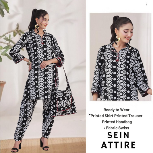 Black and white printed Swiss fabric ready-to-wear set with matching shirt, trouser, and handbag by SEIN ATTIRE.