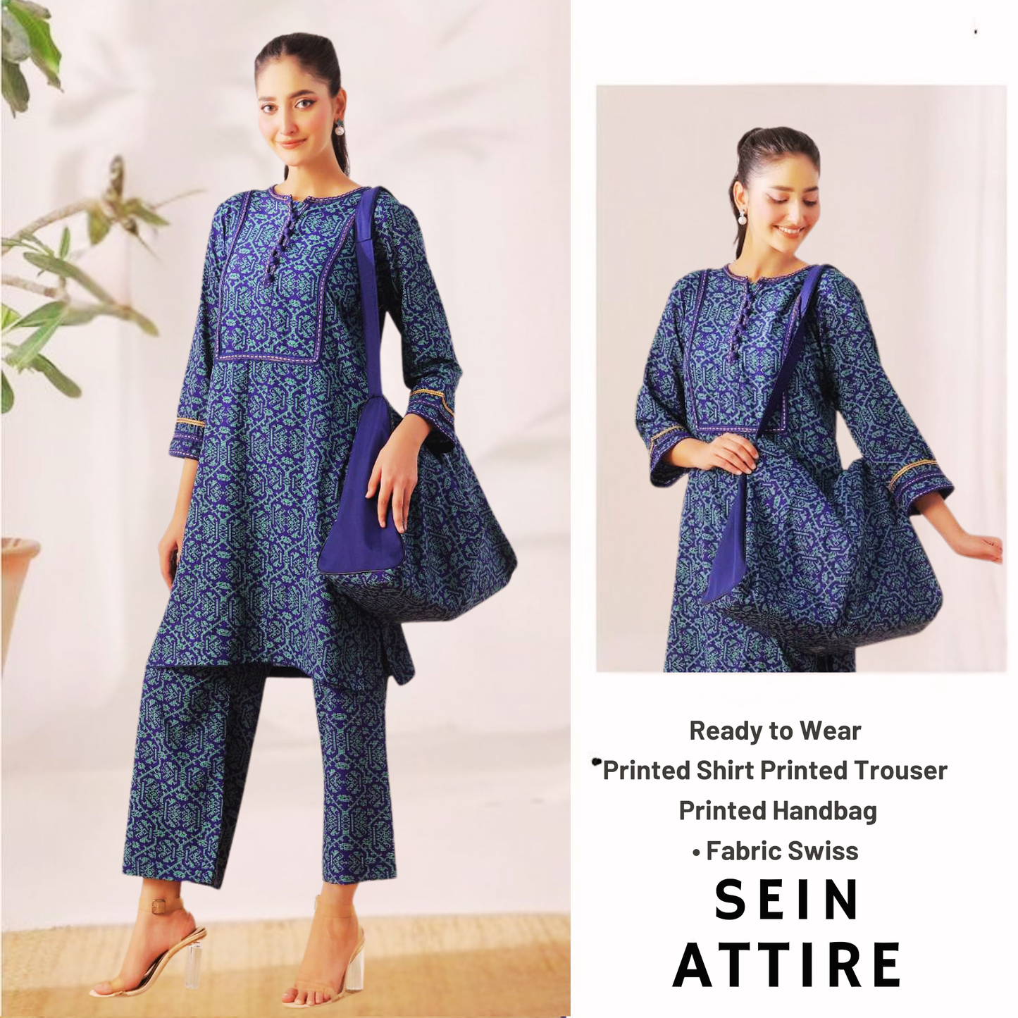 Blue printed Swiss fabric ready-to-wear outfit by SEIN ATTIRE featuring a printed shirt, matching trousers, and a coordinated handbag.