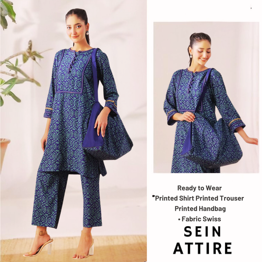 Blue printed Swiss fabric ready-to-wear outfit by SEIN ATTIRE featuring a printed shirt, matching trousers, and a coordinated handbag.