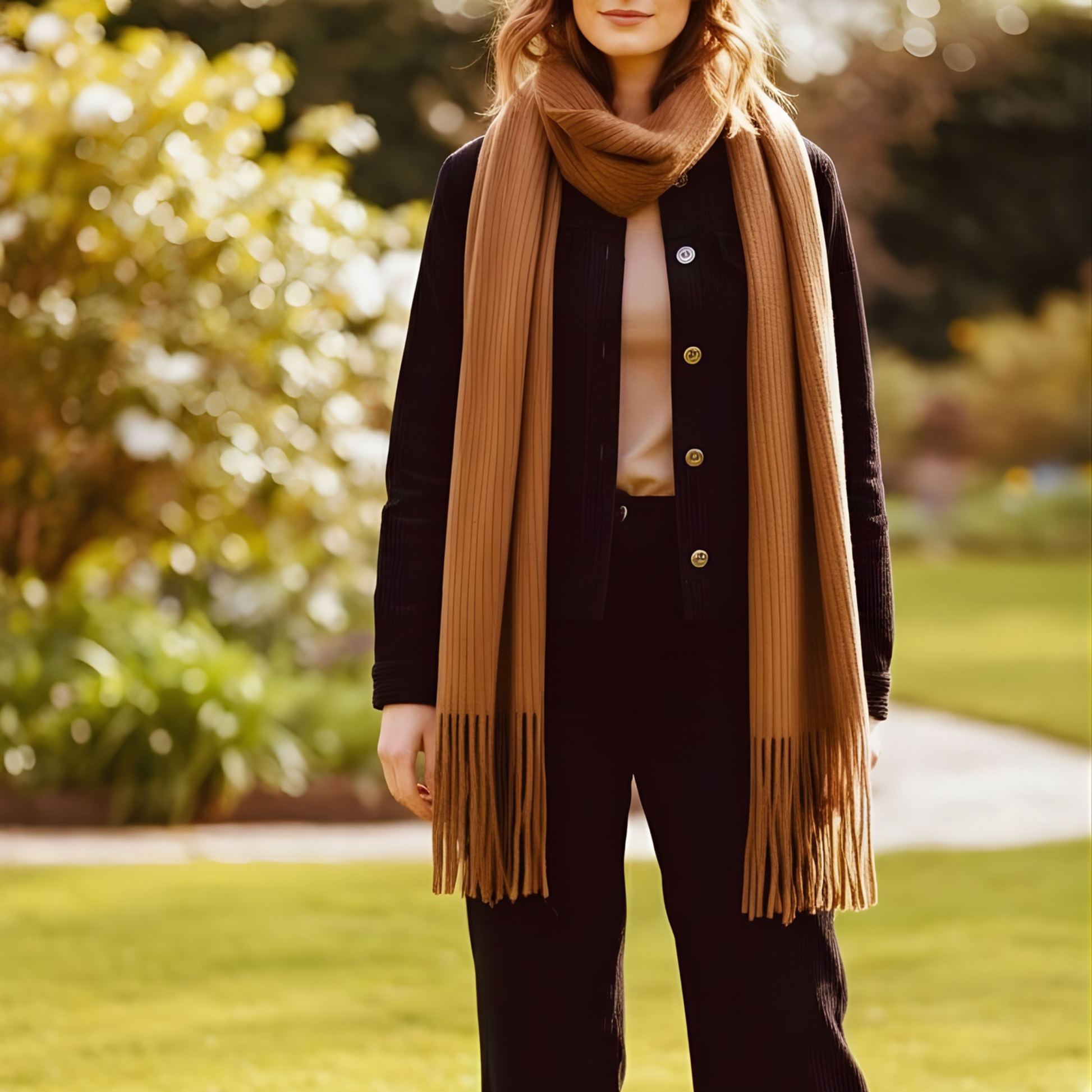 Soft brown scarf with long fringes displayed on white fur background