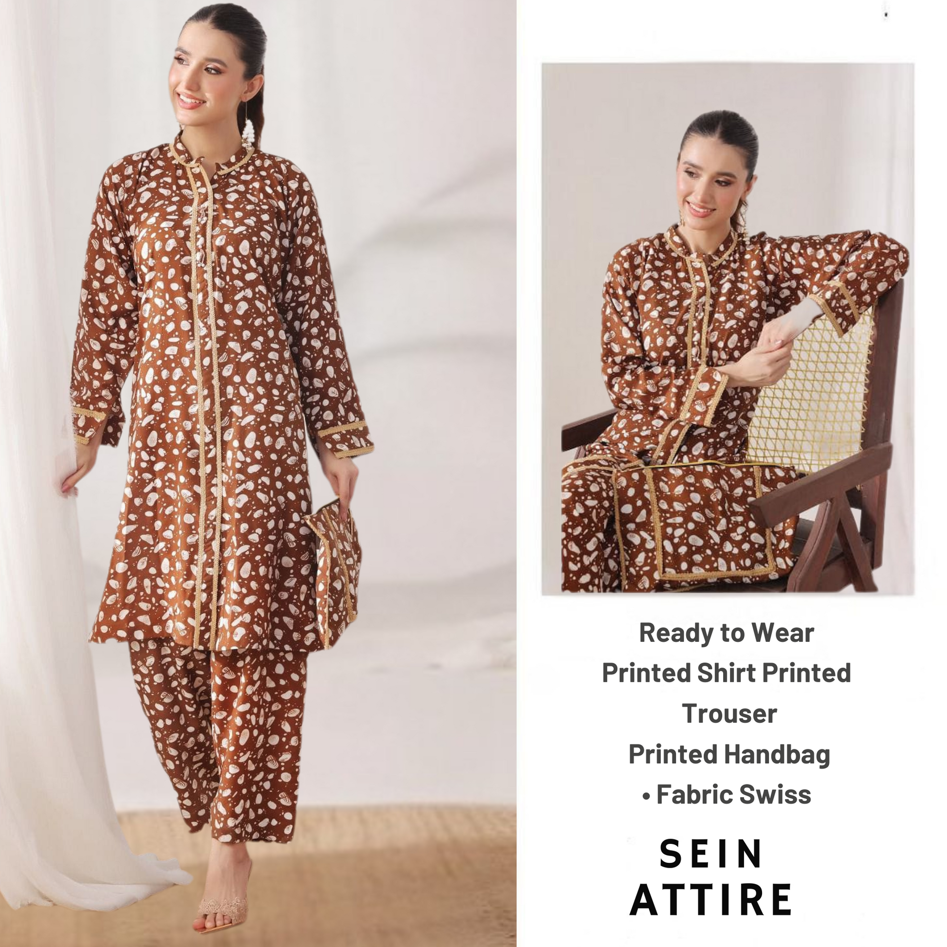 Brown printed Swiss fabric 3-piece ready-to-wear set by SEIN ATTIRE, featuring a printed shirt, matching trouser, and coordinated handbag.