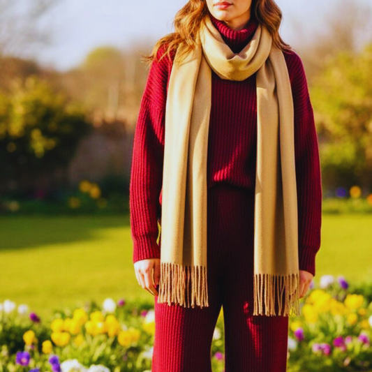 Camel-colored soft scarf with fringes hanging on a wooden hanger