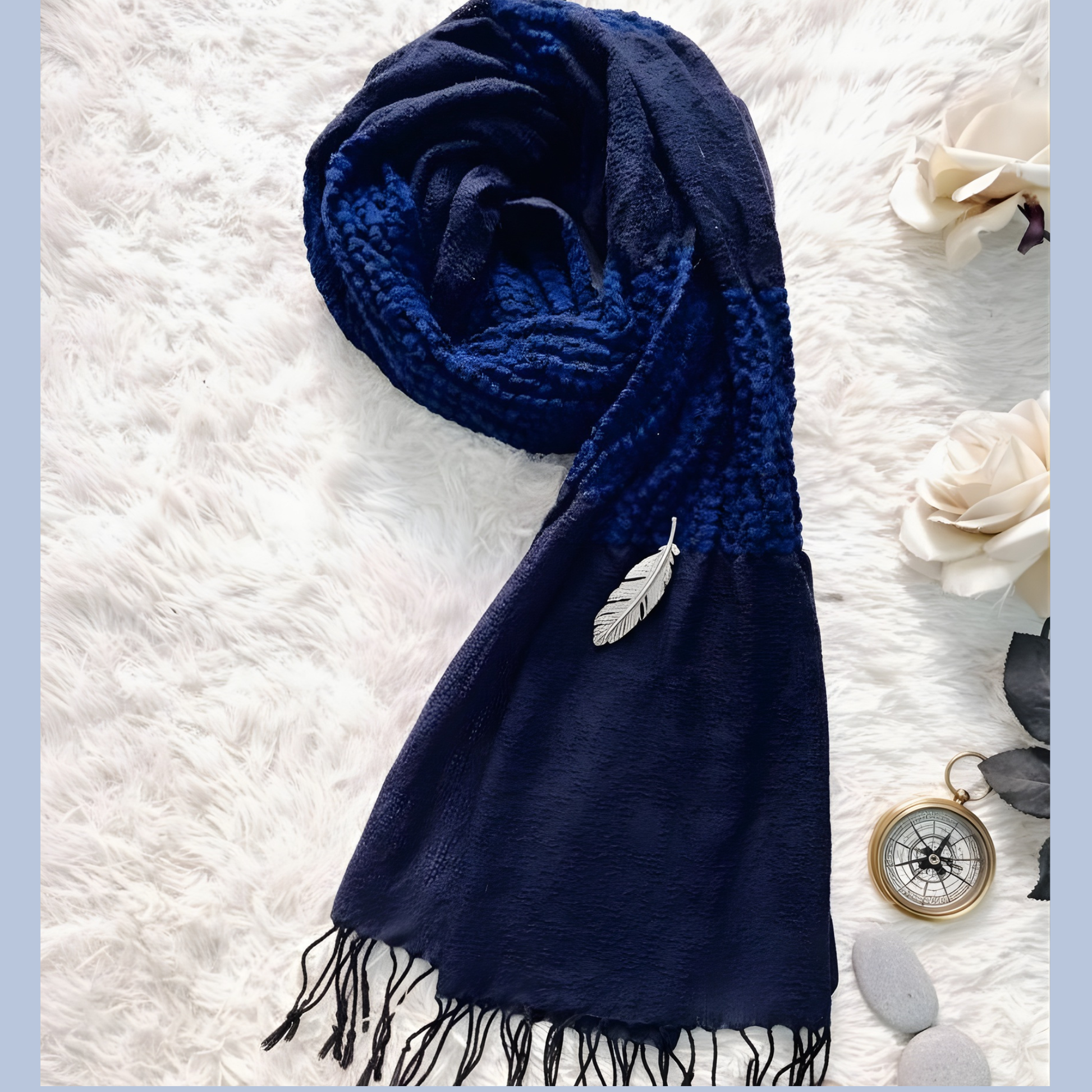 Deep blue scarf draped for display showing length and tassels