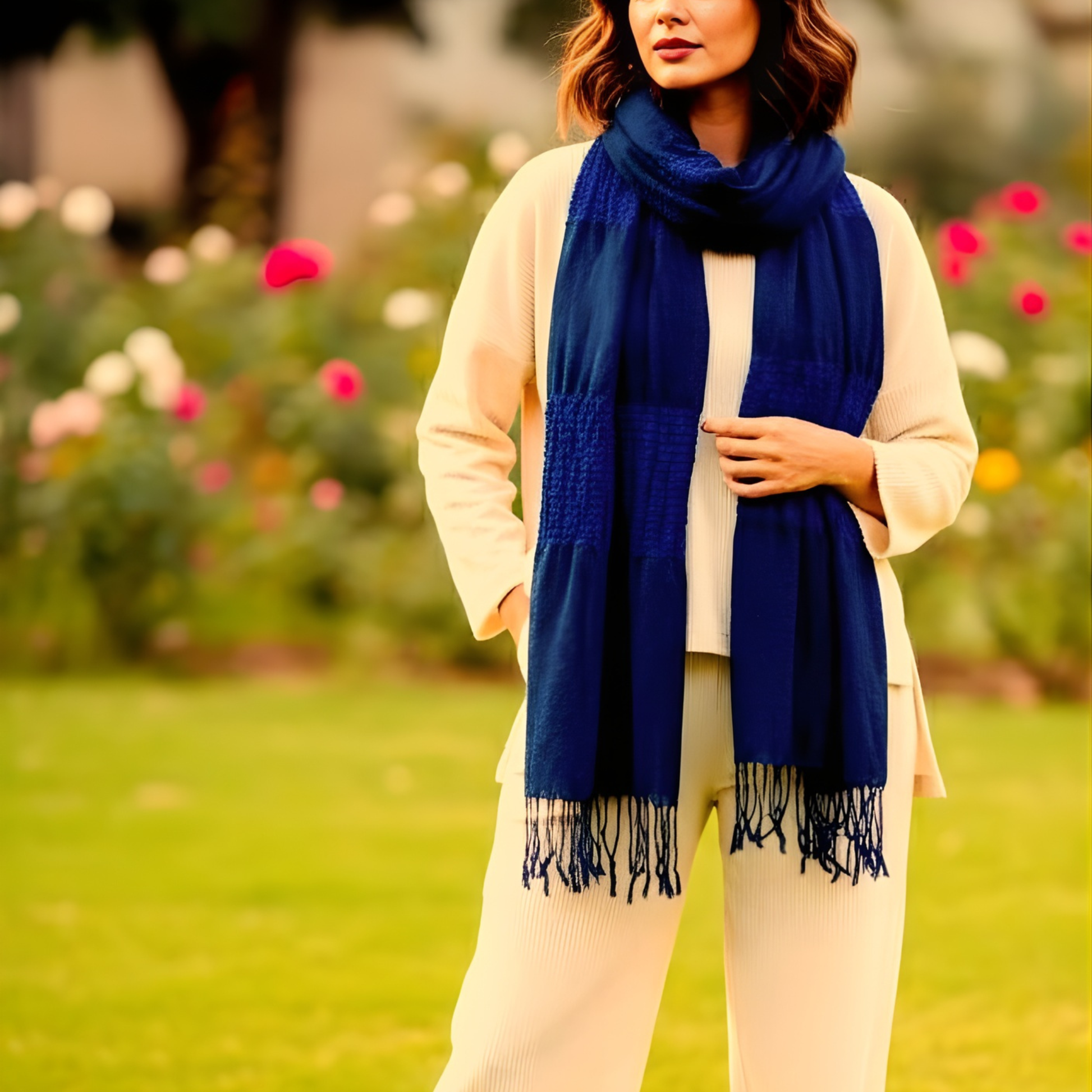 Deep blue textured scarf hanging on a hanger – full view