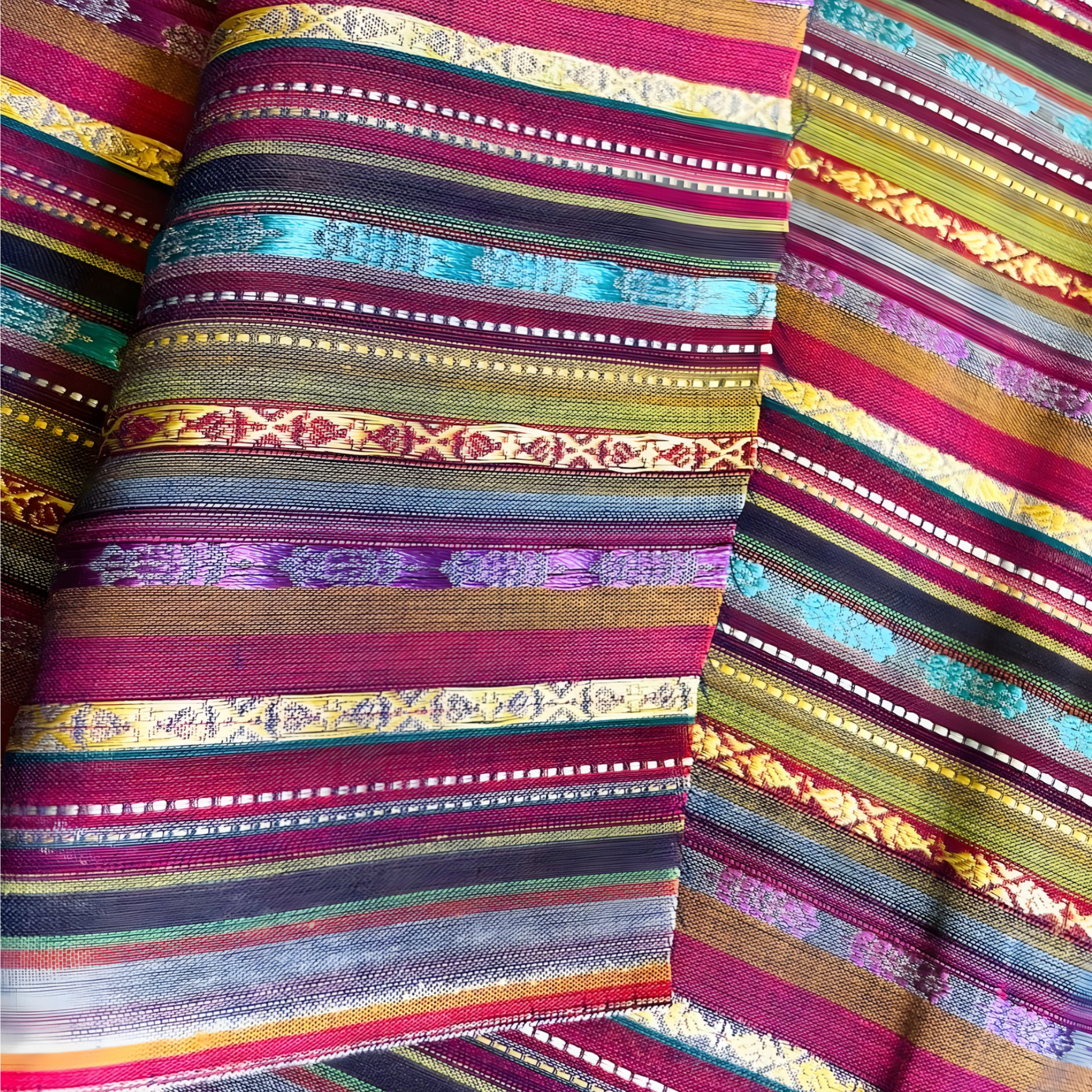 Designer striped jacquard fabric in rich multicolor shades, ideal for ethnic wear and fashion stitching.