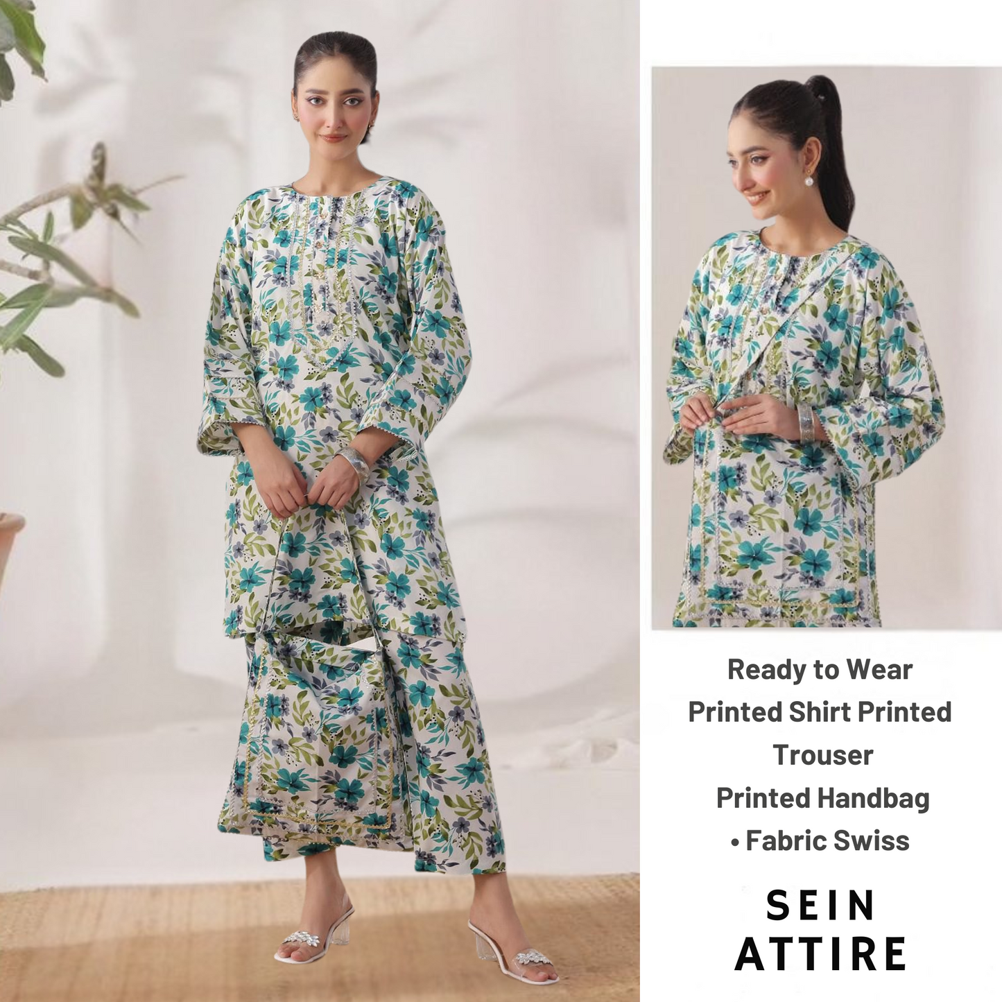 Floral printed ready-to-wear Swiss fabric outfit by SEIN ATTIRE with matching handbag, featuring a green and blue botanical design.