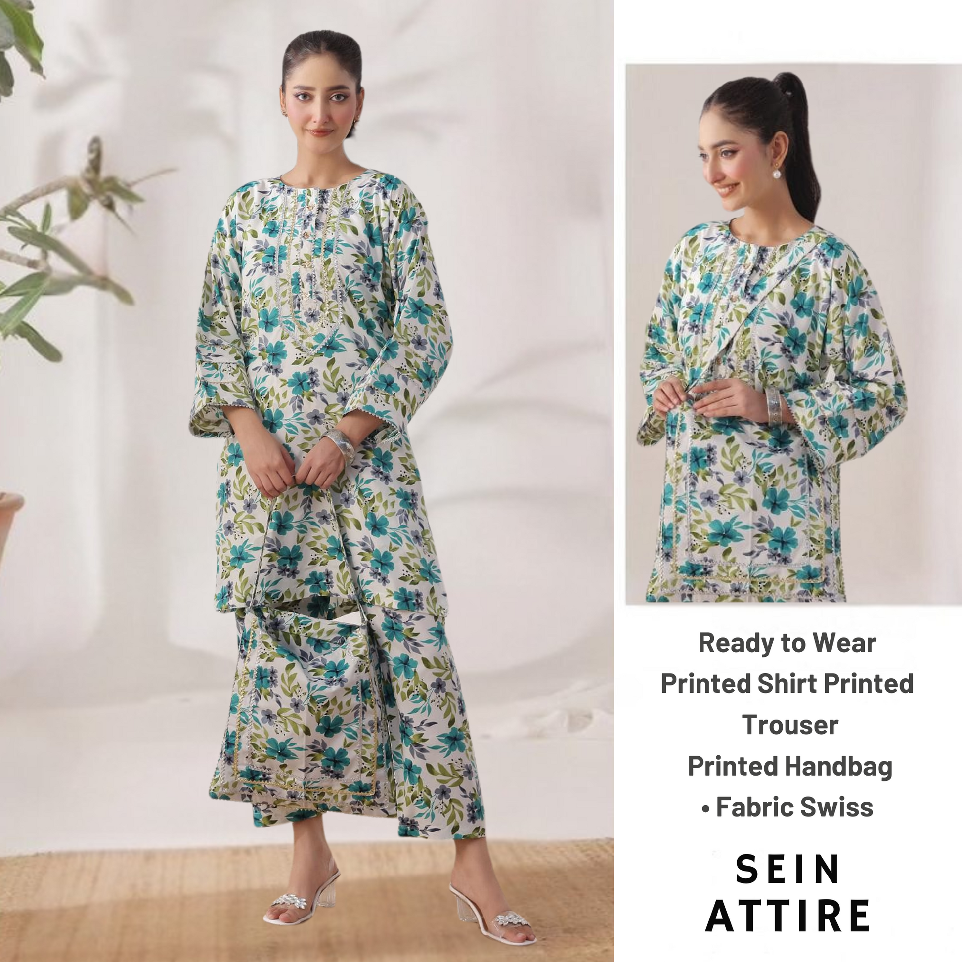 Floral printed ready-to-wear Swiss fabric outfit by SEIN ATTIRE with matching handbag, featuring a green and blue botanical design.