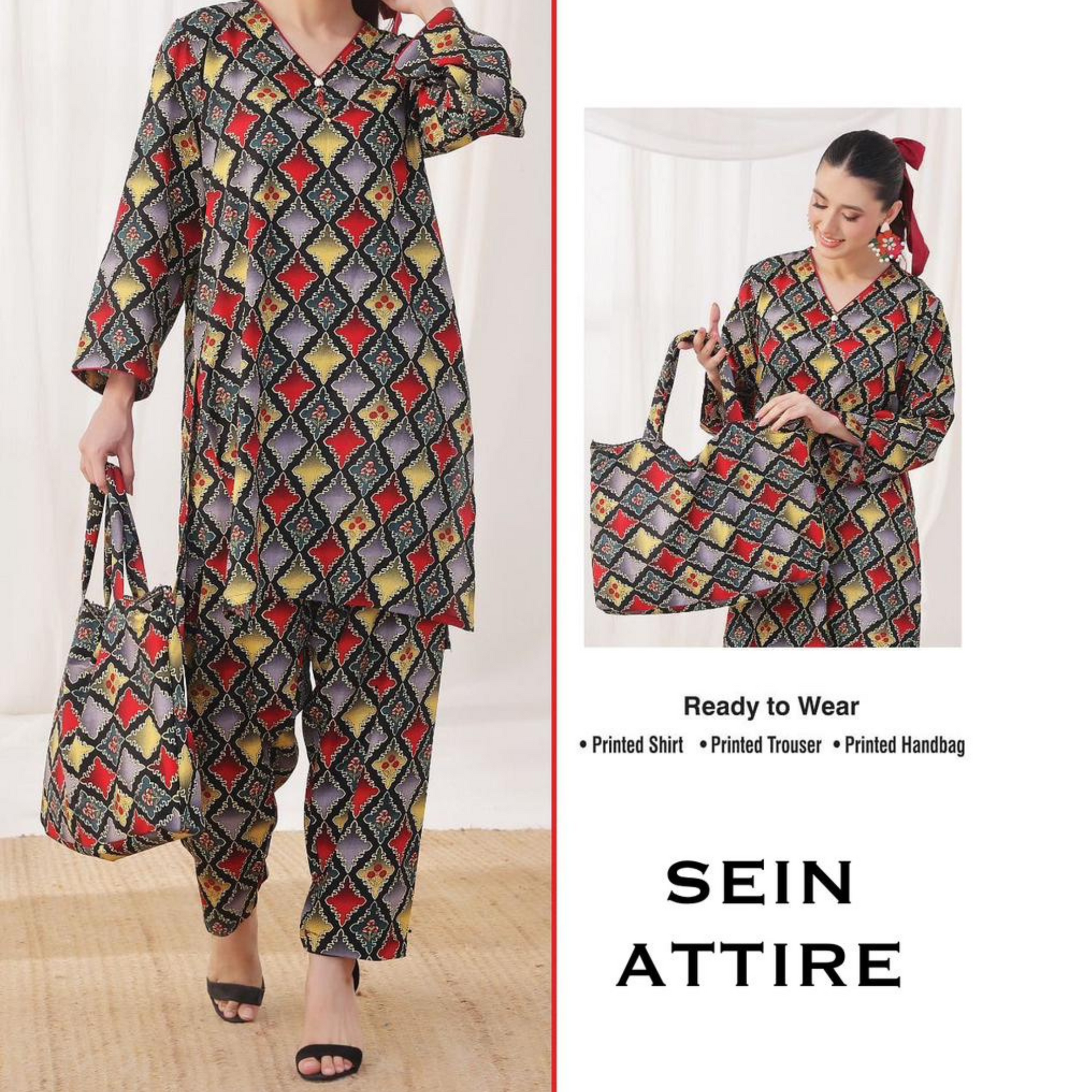 Geometric printed Swiss fabric cord set by SEIN ATTIRE featuring a vibrant printed shirt, matching trouser, and coordinating handbag.