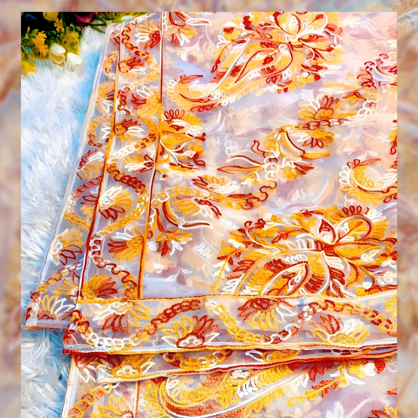 Front view of golden organza dupatta featuring fine pasham thread embroidery on premium 2.5-yard fabric.