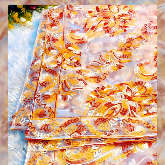 Front view of golden organza dupatta featuring fine pasham thread embroidery on premium 2.5-yard fabric.