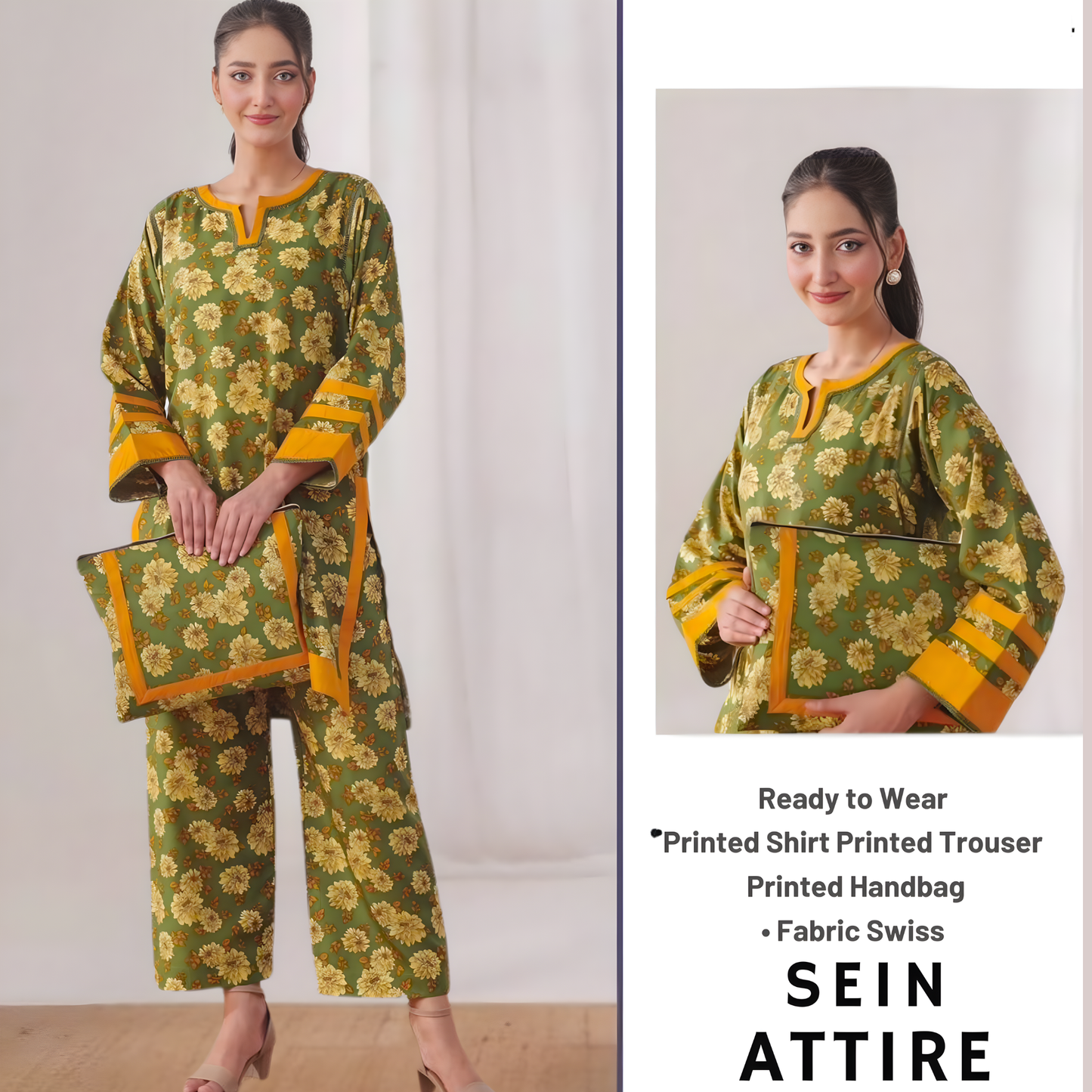 Model wearing a green floral printed Swiss fabric 2-piece set by SEIN ATTIRE, featuring a printed shirt, trouser, and matching handbag.