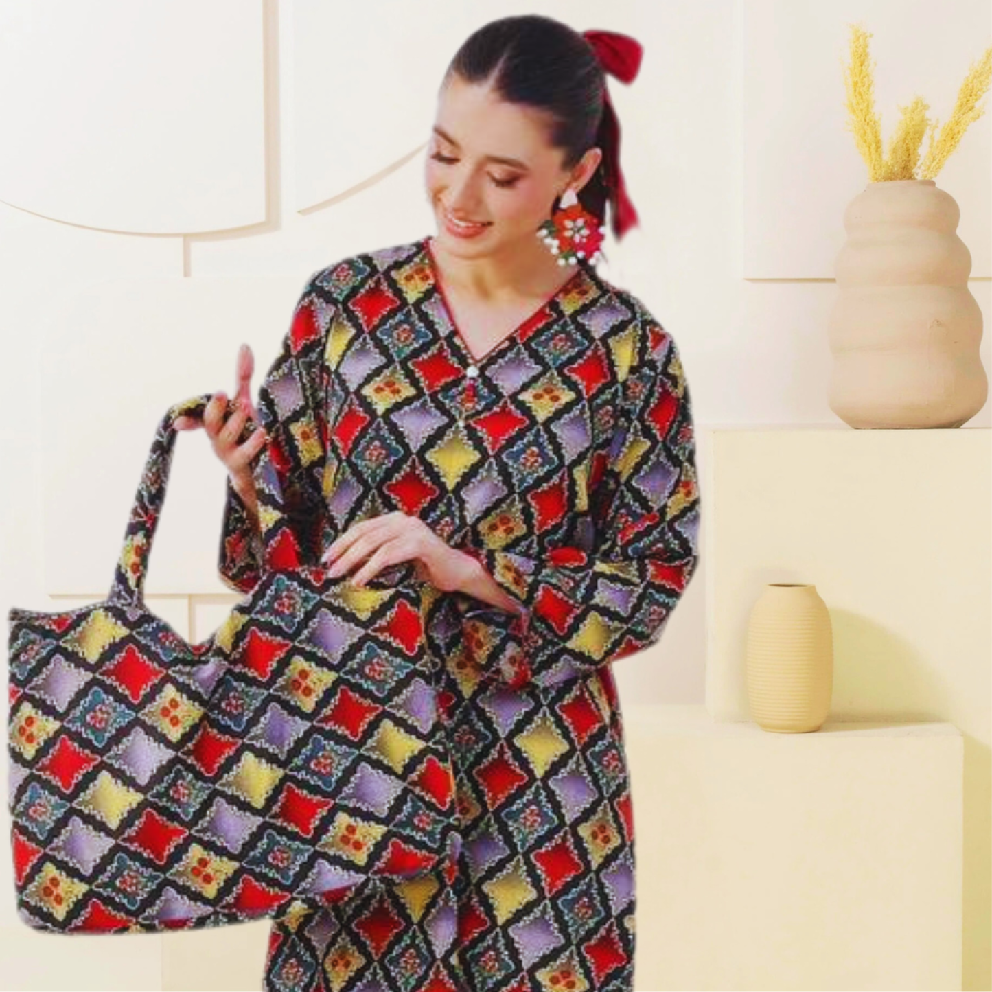 Multicolor geometric printed ready-to-wear outfit with matching handbag, crafted from soft Swiss fabric by SEIN ATTIRE.