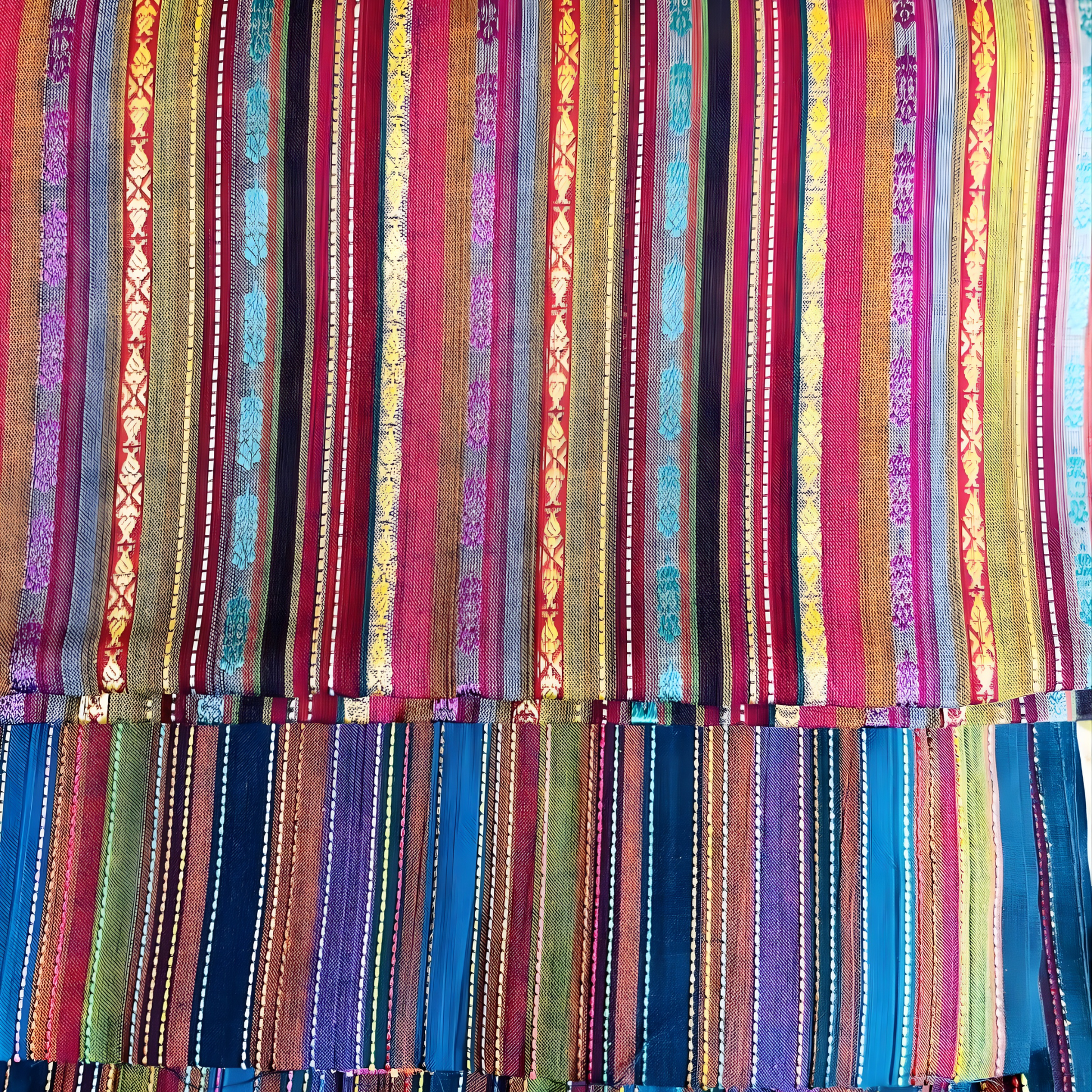 Multicolor jacquard striped fabric with metallic detailing and woven patterns in vibrant tones.