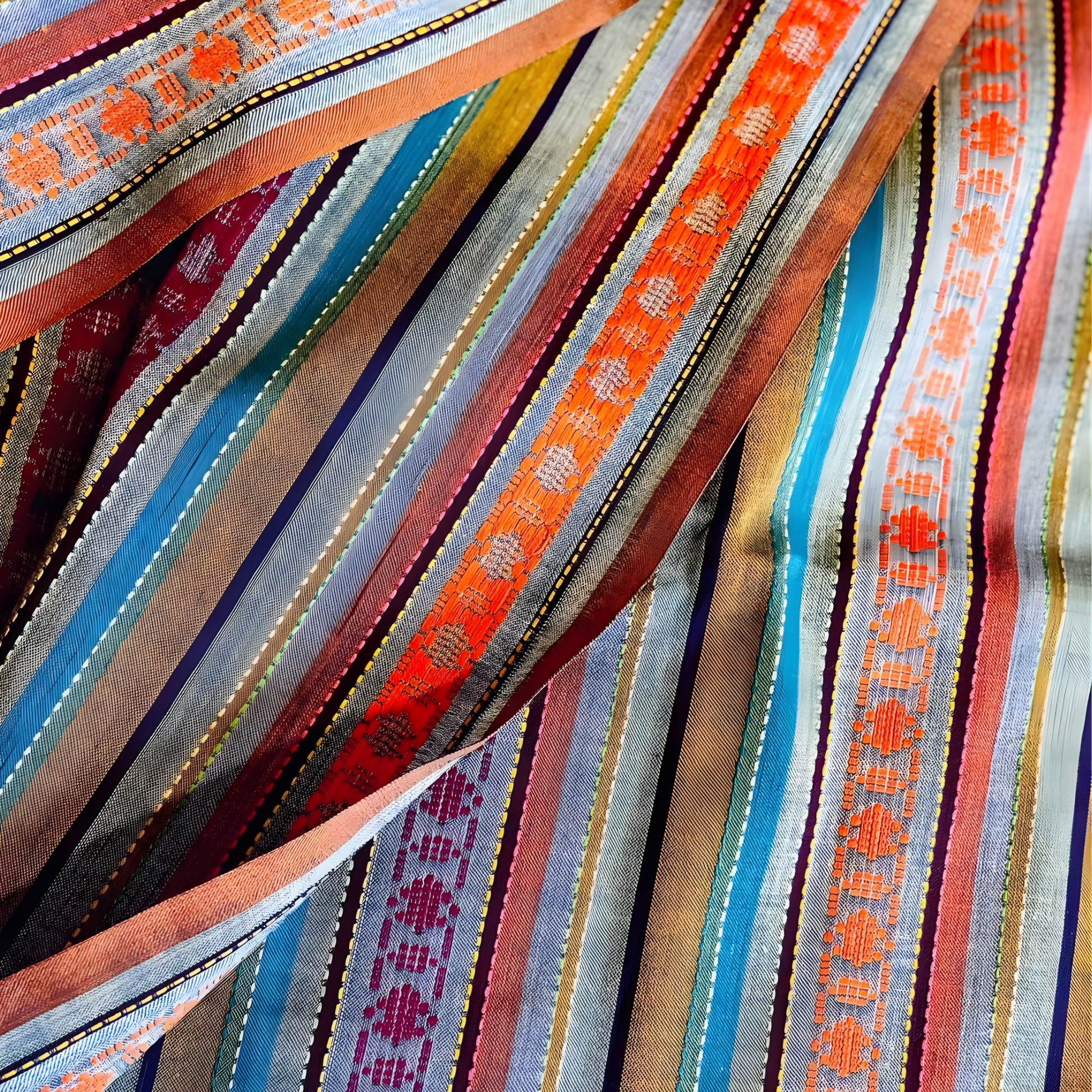 Premium winter cotton fabric showing colorful stripes, textured weave, and thread work details.