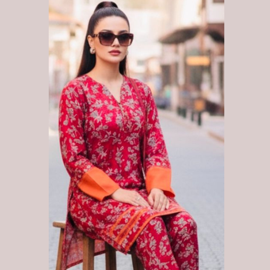 Ready-to-wear red floral printed shirt and trouser with coordinated printed handbag, Swiss fabric outfit by Sein Attire.