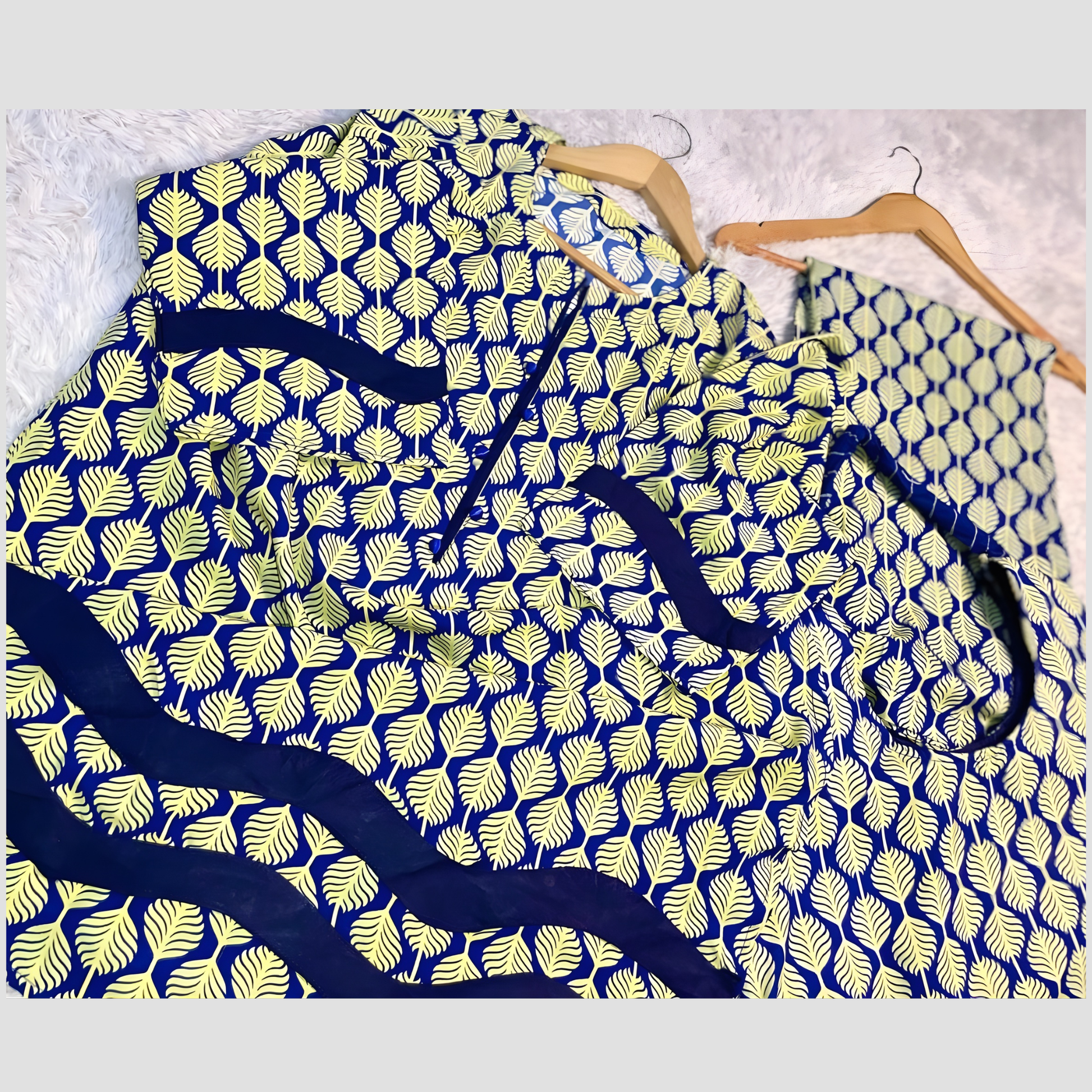 Elegant ready-to-wear printed outfit by SEIN ATTIRE, includes Swiss fabric shirt, trouser, and coordinated printed handbag for a complete stylish look.