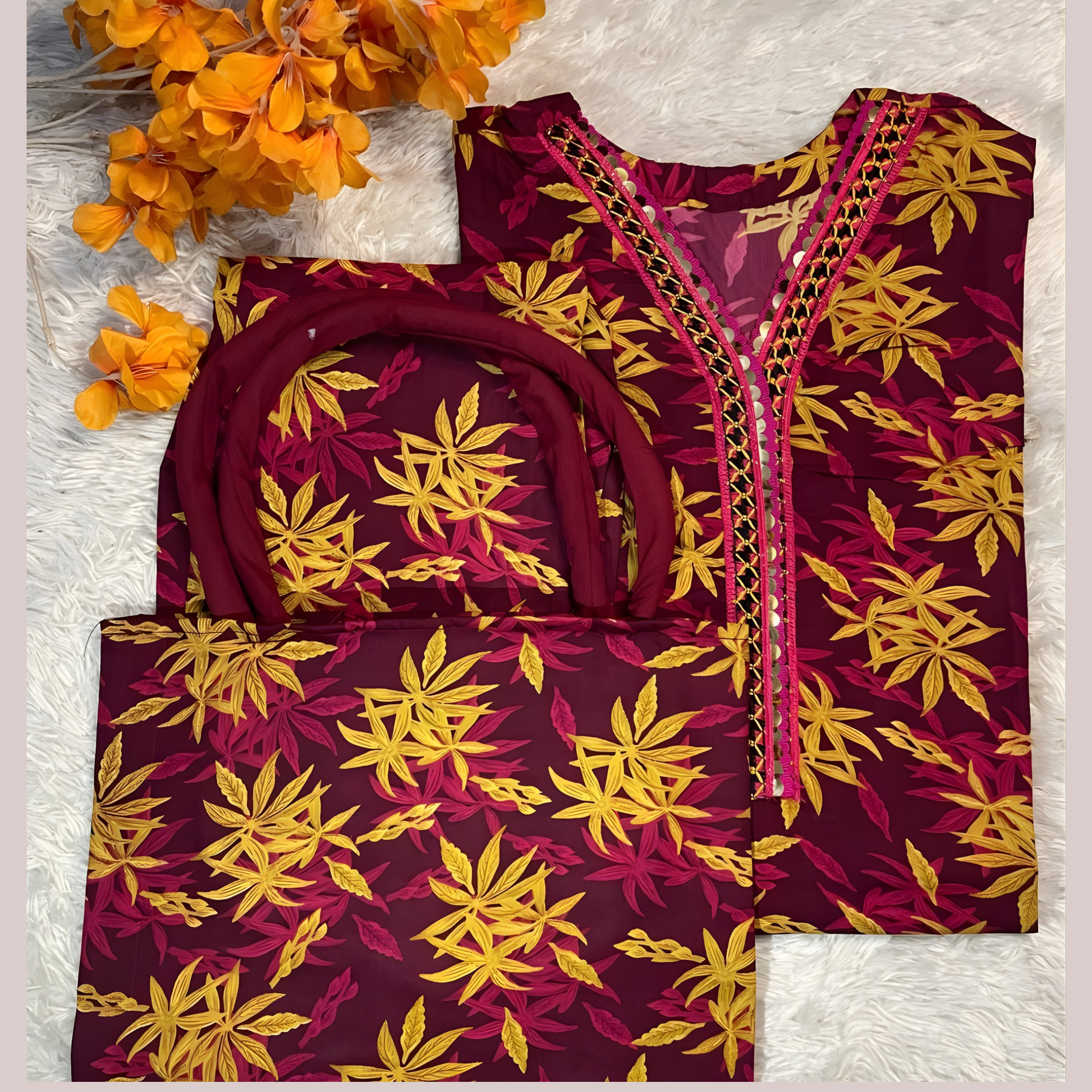 Ready-to-wear red floral printed outfit from SEIN ATTIRE, made with soft Swiss fabric and styled with a matching printed handbag.