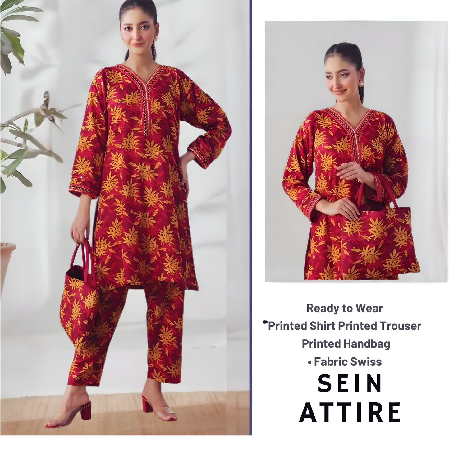 Model wearing a red floral printed Swiss fabric 2-piece set by SEIN ATTIRE, featuring a printed shirt, trouser, and matching handbag.