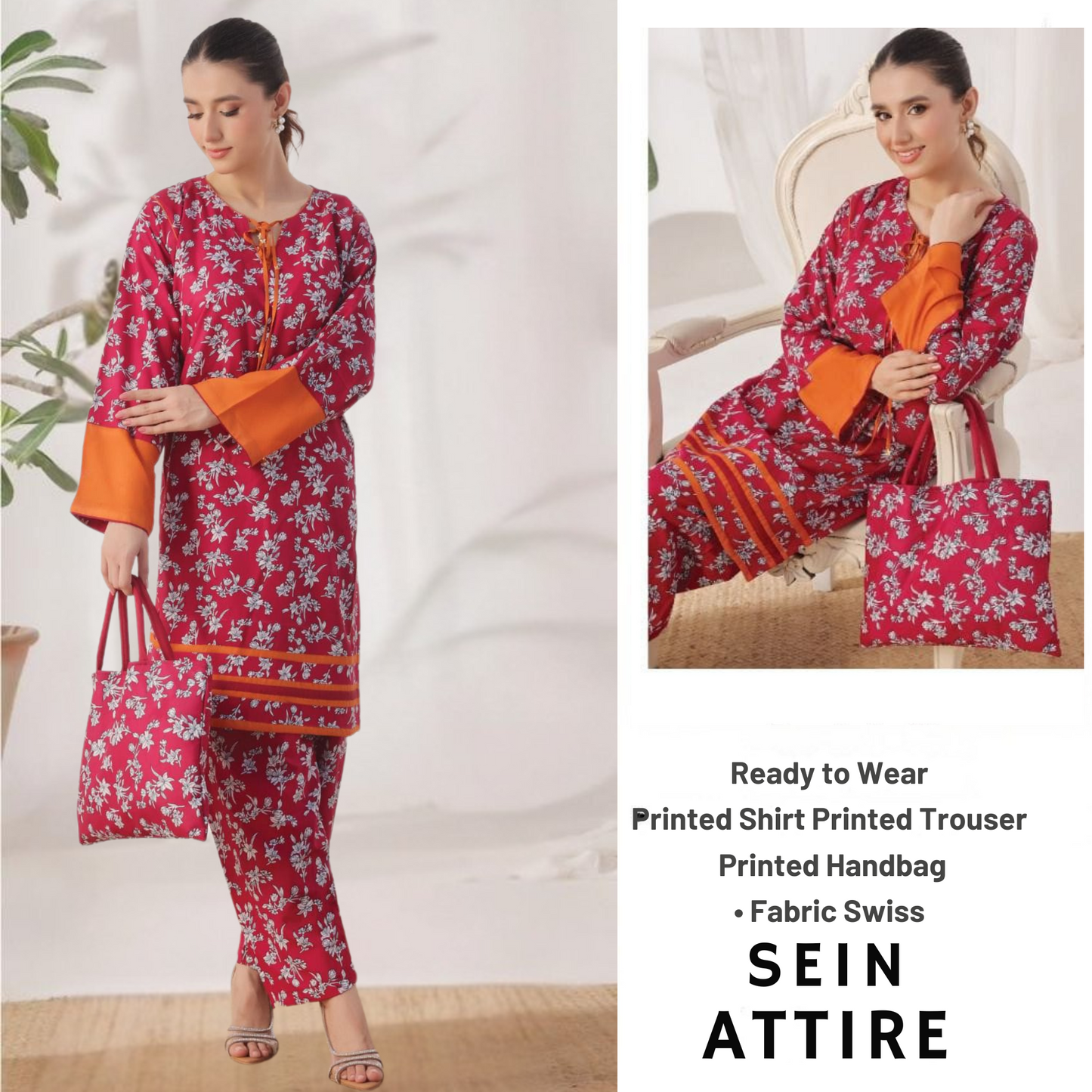 Red floral printed Swiss fabric 3-piece suit with orange cuffs and matching handbag by Sein Attire.