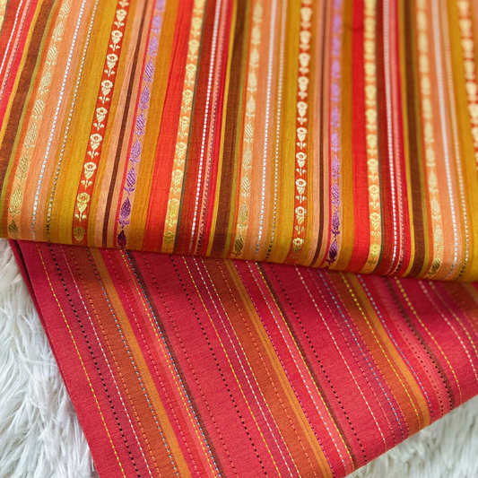Red and orange striped winter cotton unstitched 2-piece fabric with jacquard and thread detailing.