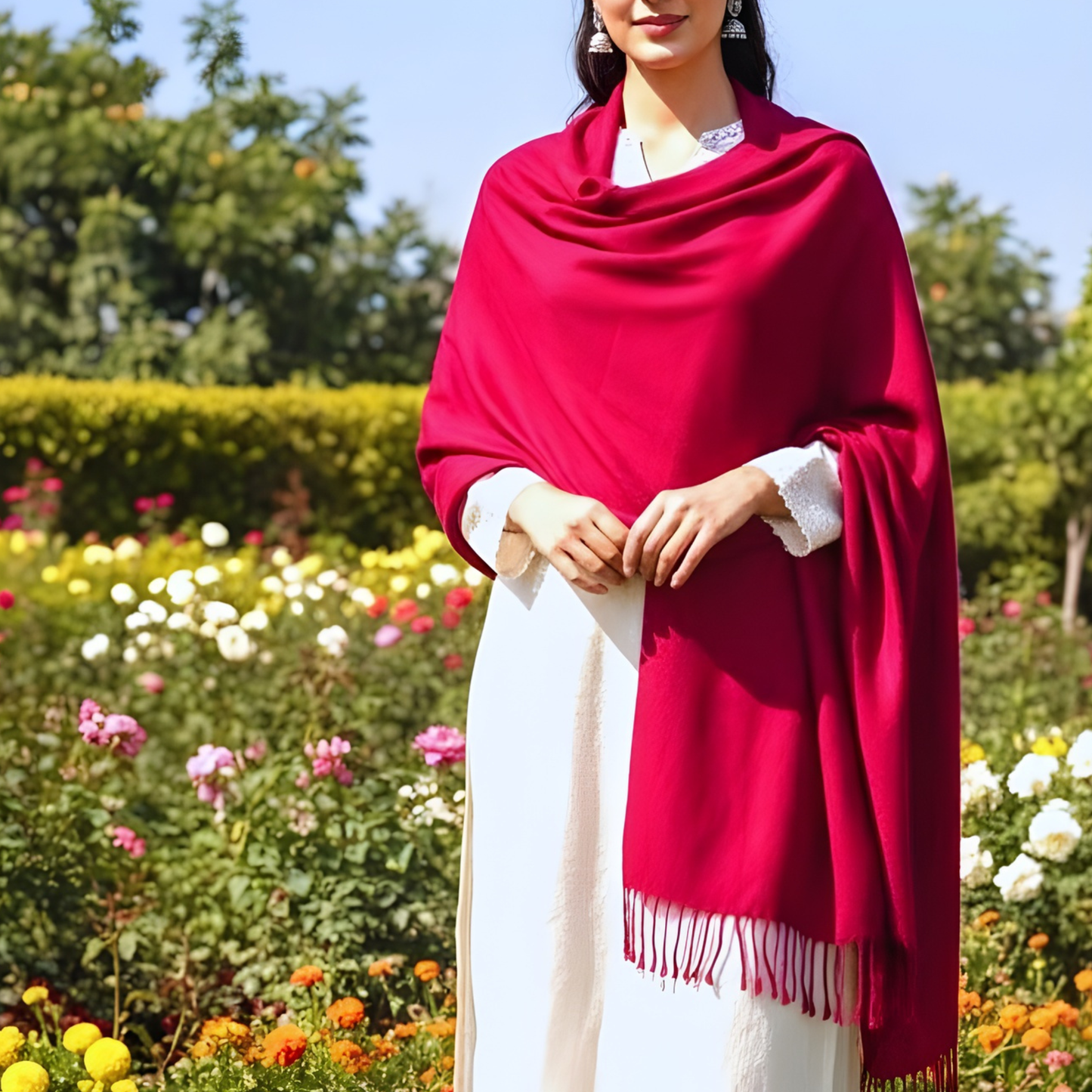 Soft red winter shawl with fringe detailing, size 74 x 22 inche