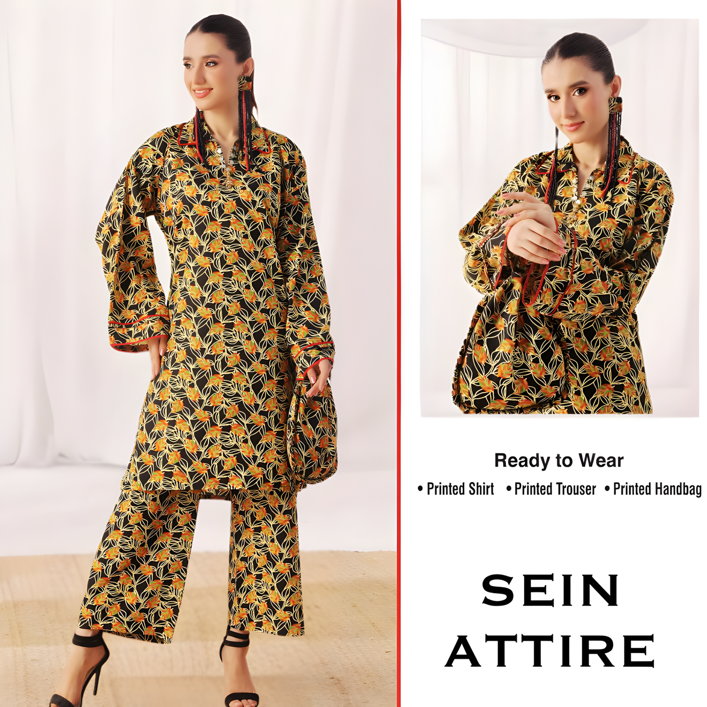 Black and mustard printed Swiss fabric ready-to-wear set by SEIN ATTIRE featuring a printed shirt, matching trouser, and coordinated handbag.