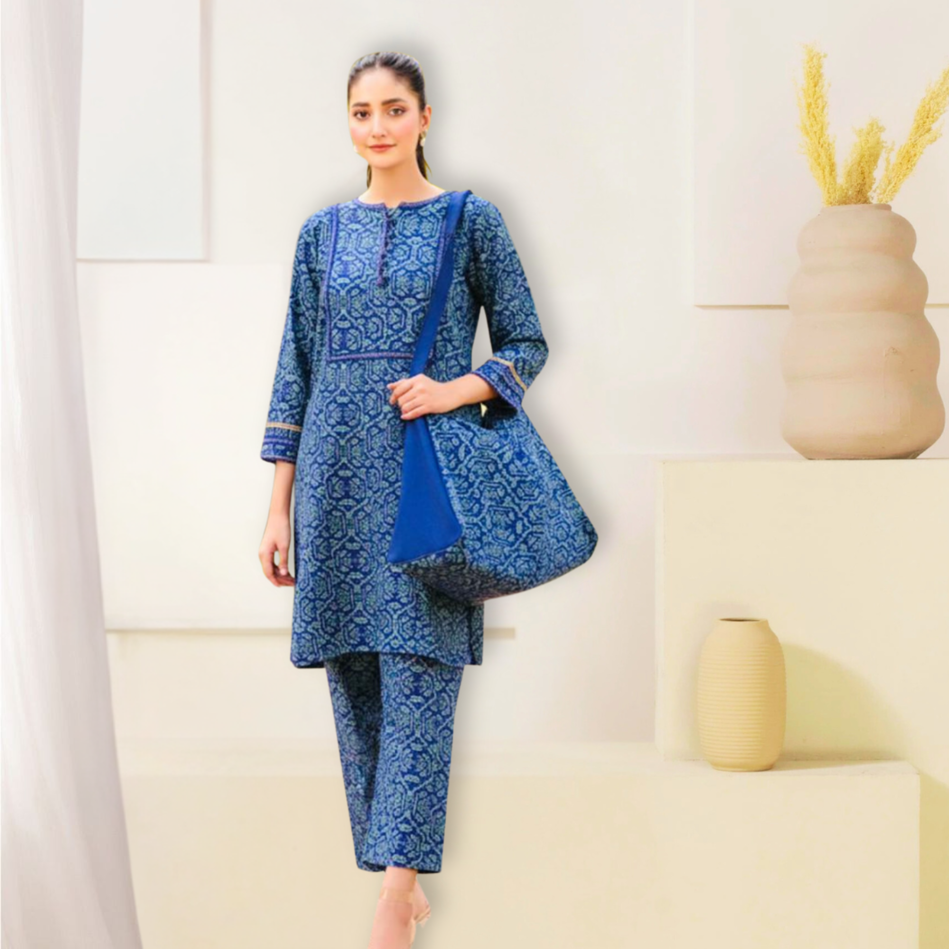 Elegant blue printed outfit by SEIN ATTIRE, made from premium Swiss fabric with matching shirt, trouser, and handbag.