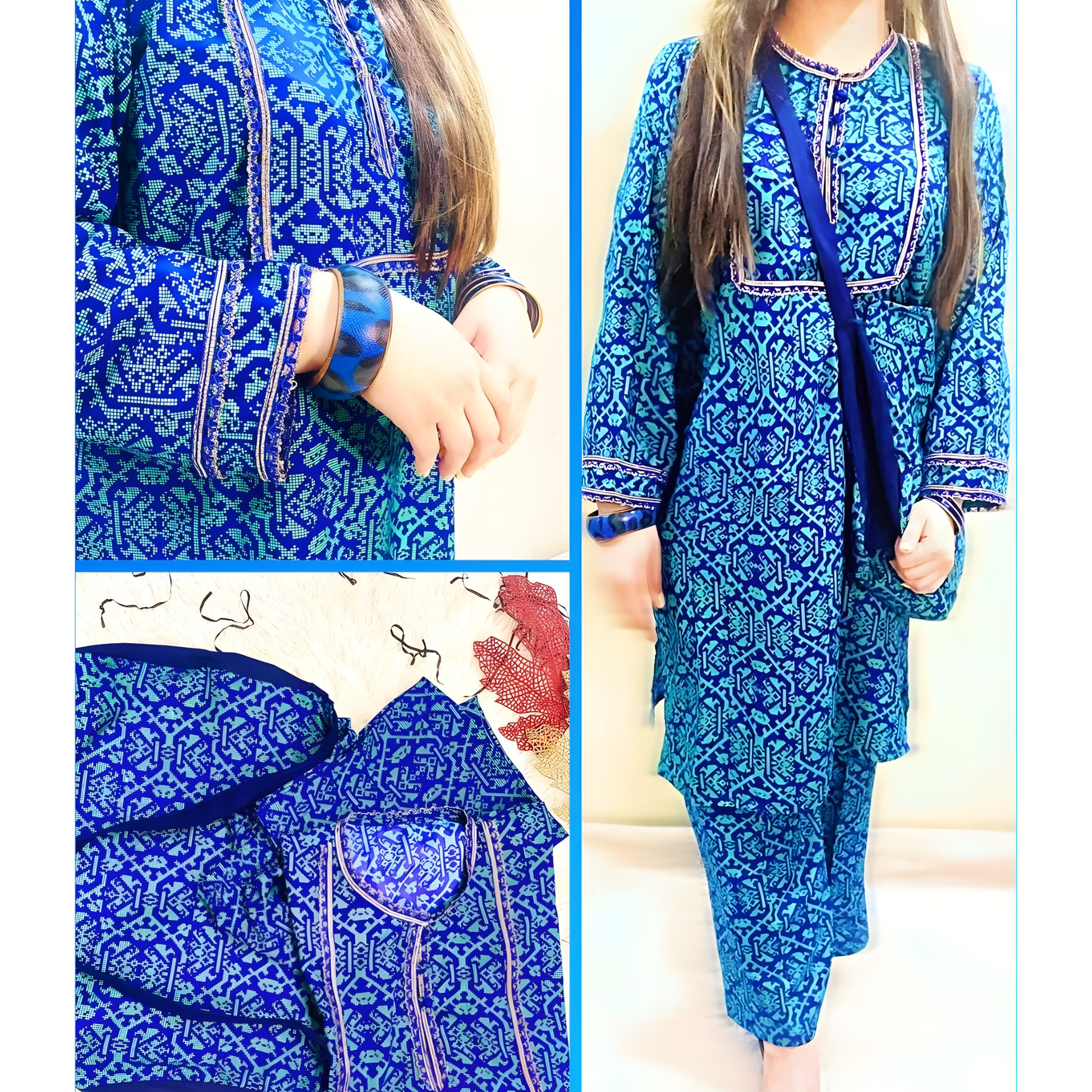 Elegant blue printed outfit by SEIN ATTIRE, made from premium Swiss fabric with matching shirt, trouser, and handbag.