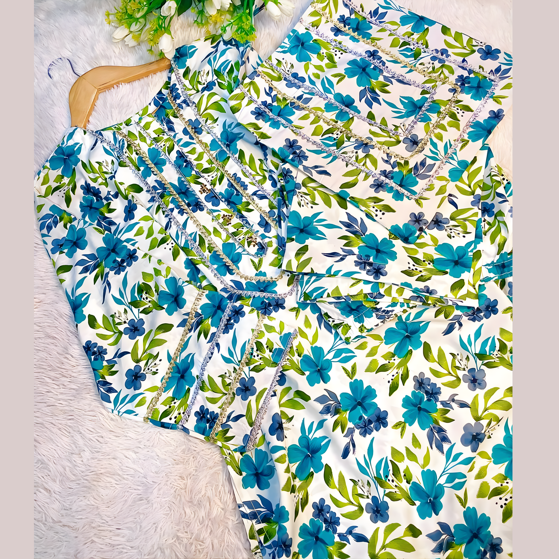 Stylish floral Swiss fabric outfit from SEIN ATTIRE featuring printed shirt, trouser, and coordinated handbag for a chic everyday look.