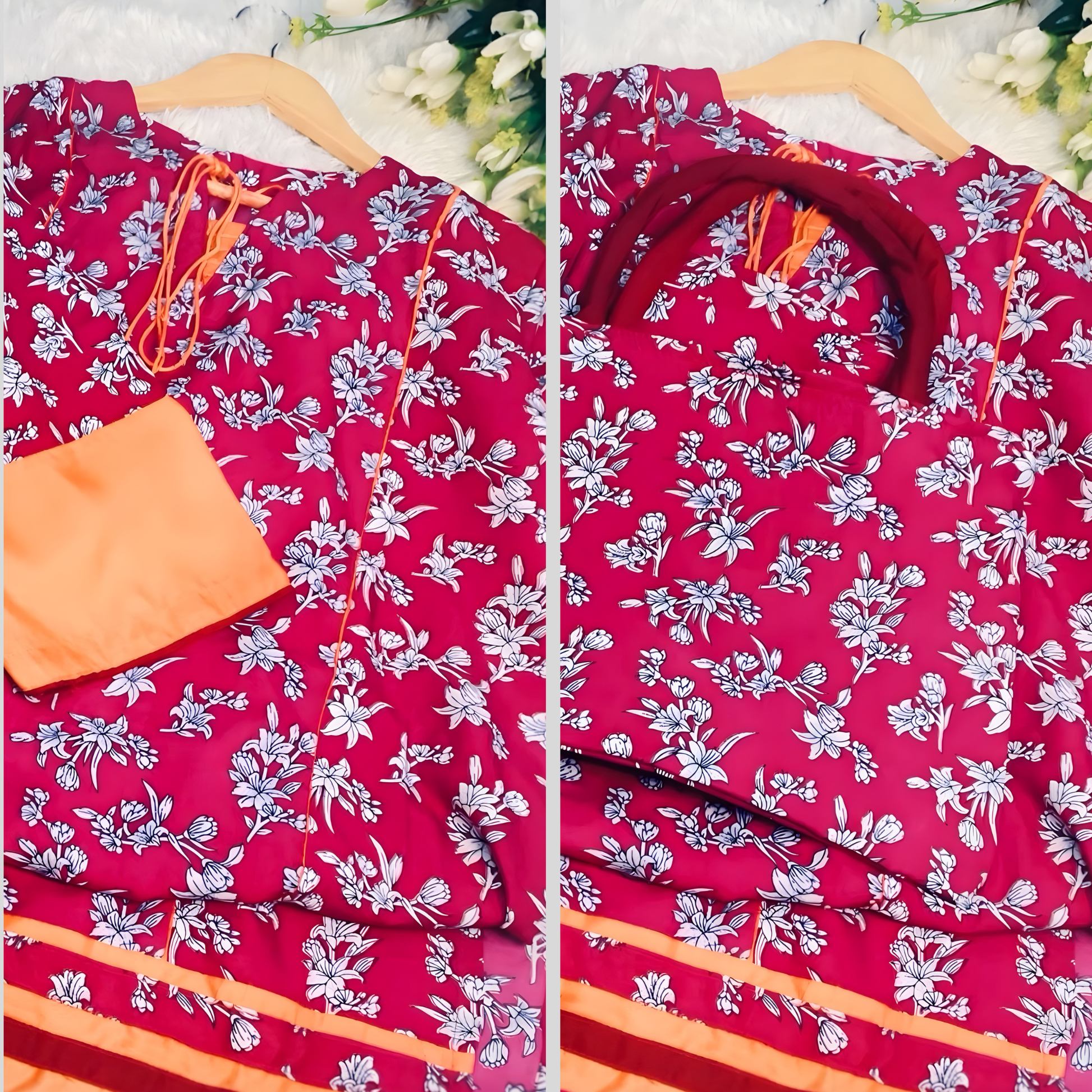 Stylish women’s Swiss fabric printed suit in red floral design, featuring orange sleeve cuffs and matching tote bag from Sein Attire.