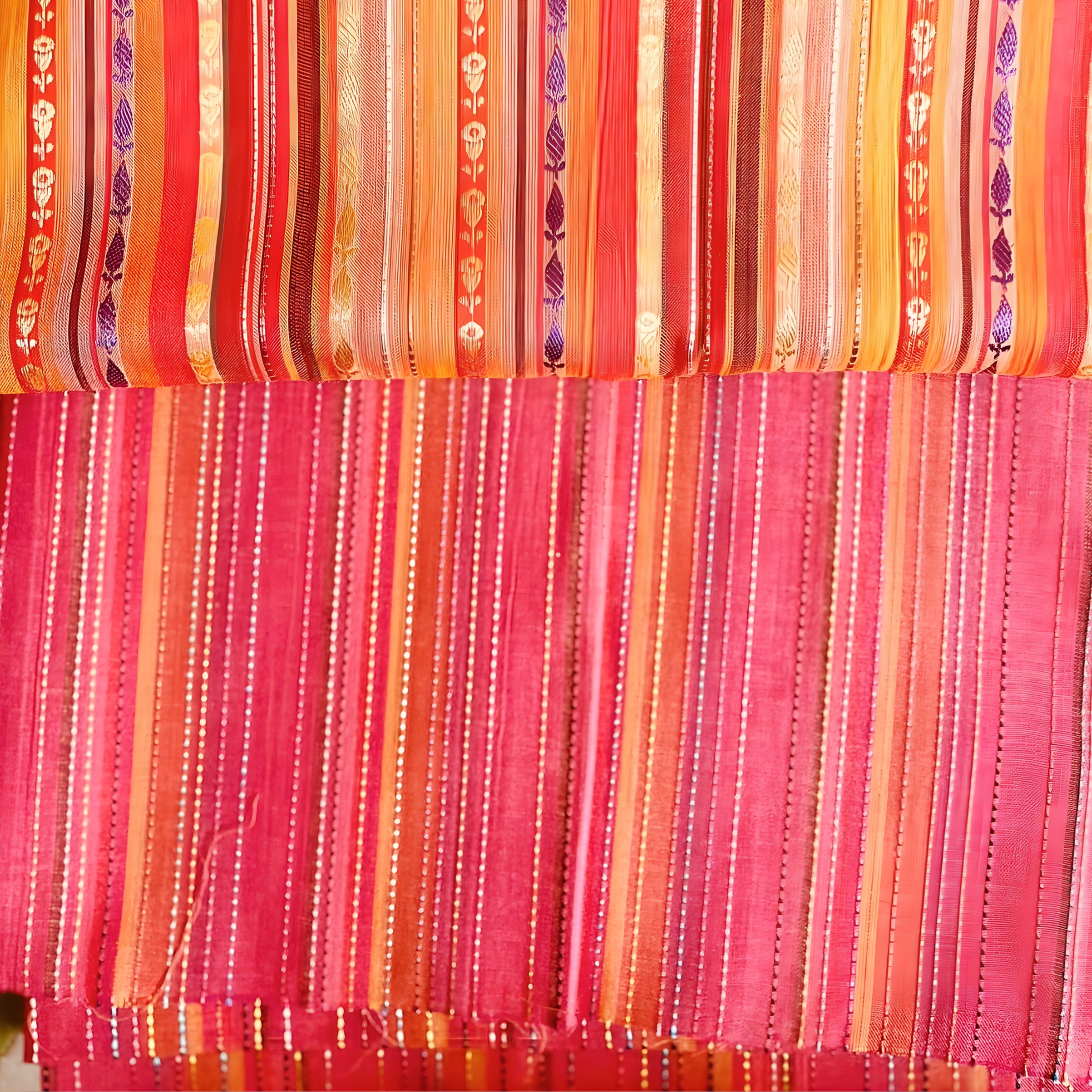 Detailed view of unstitched winter cotton 2-piece fabric with bright multicolor woven stripes.