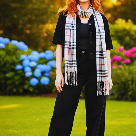 Soft velvet checkered stole with beige, black, and red pattern placed on white fur background