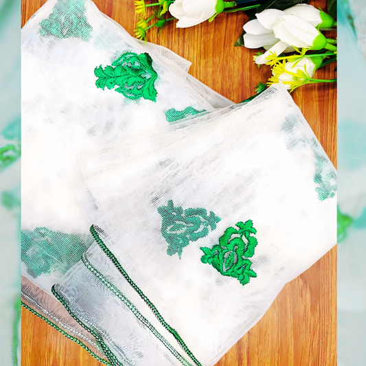 White net embroidered dupatta with green motif detailing