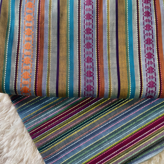 Multicolor striped winter cotton unstitched 2-piece fabric with jacquard and thread detailing.