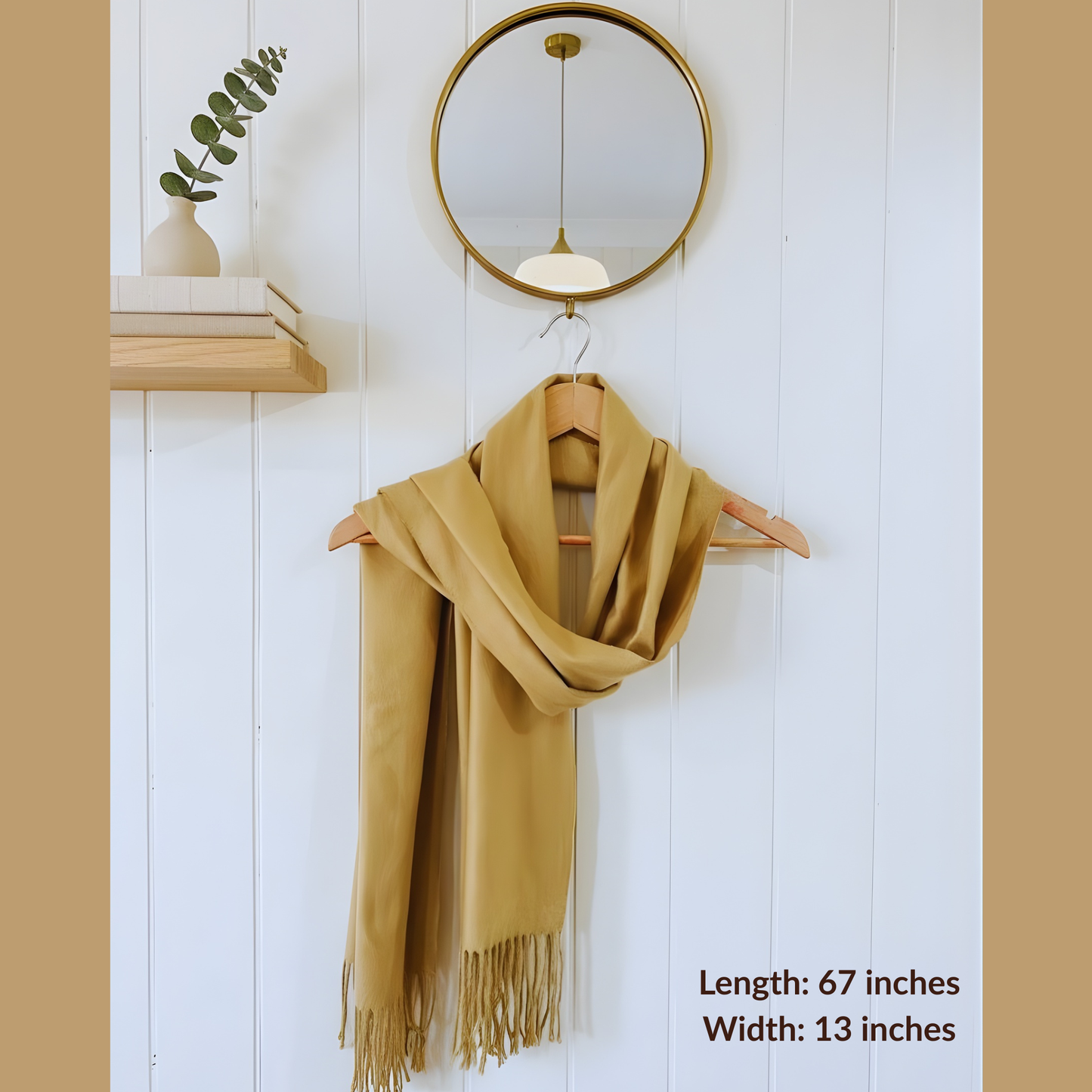 Lightweight camel scarf draped decoratively, size 67 x 13 inches