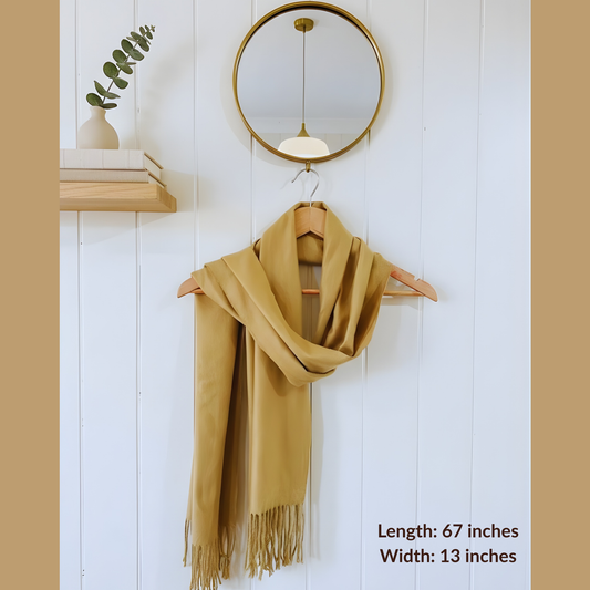 Lightweight camel scarf draped decoratively, size 67 x 13 inches