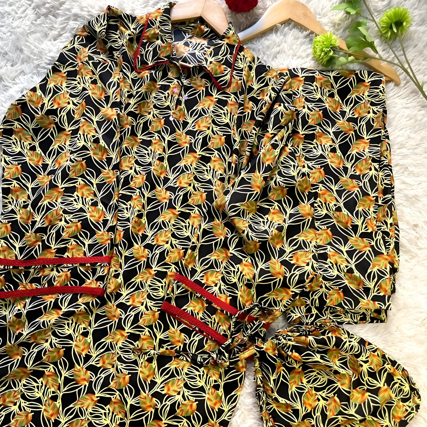 Women’s 3-piece black and mustard Swiss printed ready-to-wear suit by SEIN ATTIRE with matching handbag for a complete chic look.