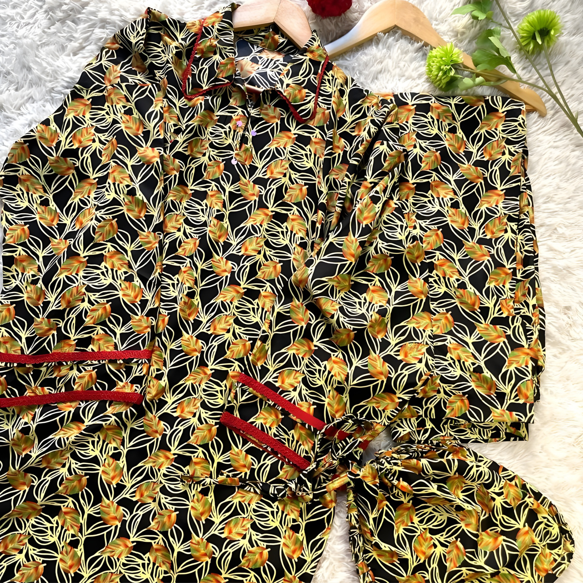 Women’s 3-piece black and mustard Swiss printed ready-to-wear suit by SEIN ATTIRE with matching handbag for a complete chic look.